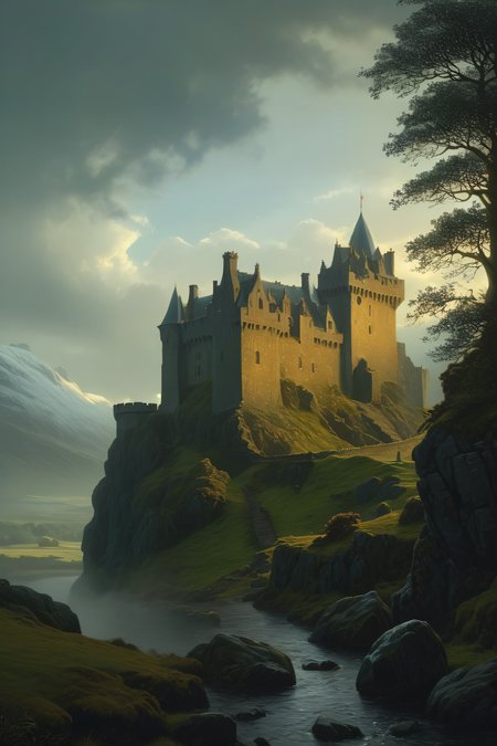 fantasy atmosphere, (a smal Scottish stone keep in the Scottish Highlands), (13th Century:1.5), epic sky, dramatic atmosphere, dream scenery art, beautiful oil painting, masterpiece, highres, <lora:add-detail-xl:1>   <lora:Aros_Castle_Style:0.7>
