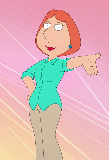 masterpiece, best quality, amazing quality, lo1sgf, 1girl, orange hair, blue earrings, aqua shirt, beige pants, pointing down, outstretched arm, hand on hip, smile, looking at viewer, colorful pink background, light rays,