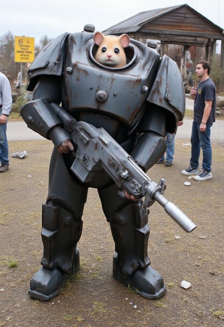 Hamtaro wearing full Fallout power armor, no helmet. He is holding a massive, oversized laser rifle.  The background is a post-apocalyptic wasteland, radiation signs, and raiders.