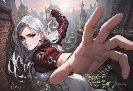 abbystea style, (score_9, score_8_up, score_7_up, highest score, best quality:1.2), zPDXL3, good_hands, hi-res. 8k,  1girl, white hair, long hair, large breasts, blue eyes, white eyelashes, mole under eye, BREAK  white dress, smirk BREAK IncrsPunchMeme, incoming punch  BREAK  dramatic lighting, perfect hands, perfect eyes (detailed realistic background:1.3), (high quality:1.1), (ultra detailed:1.1), Expressiveh