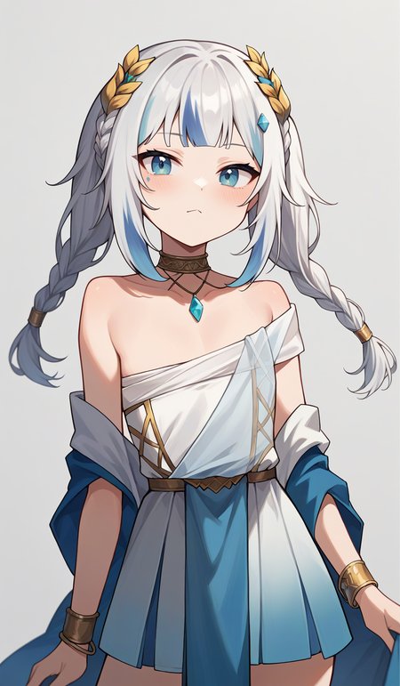 score_9,score_8_up,score_7_up,score_6_up,score_5_up,score_4_up,
1girl, gawr gura, virtual youtuber, twin braids, twintails, laurel crown, short dress, neck ring, bracelet, flat chest, hair ornament, off-shoulder dress, pelvic curtain, ancient greek clothes, himation, 
solo, grey background, simple background, looking at viewer, cowboy shot, 
<lora:guraponyxl6:1>