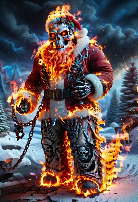 ral-santa, fire santa,skull head,skull on fire, santa claus is on fire, fiery and dynamic <lora:ral-santa-sdxl:1>,Holding a flaming chain,full body, solo,standing,