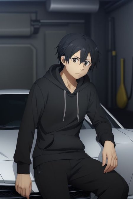 high resolution, solo, best quality, 1Boy, Kazuto Kirigaya, portraits, Black Hair, Black Eyes, lounge suit, hoodie, car garage, OverallDetail