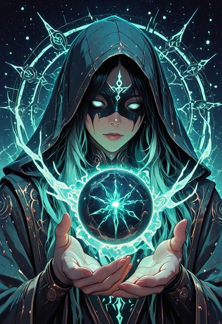 (masterpiece), (best quality), (8k), 1girl, floating in air, cinematic lighting, blindfolded oracle, glowing white eyes beneath blindfold, ethereal chains suspending her, starry sky, broken moons floating, glowing constellations burning in background, orbiting magic runes around hands, glowing timecore with roman numerals and gears, fatecore with glowing threads and eyes, long flowing robes, magical particles, mysterious expression, surreal lighting, celestial aura, black tears floating upward, divine cosmic sorceress, mystic horror fantasy,