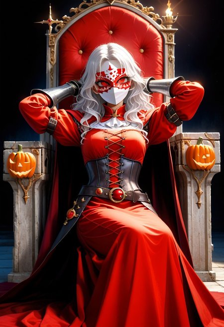 (masterpiece, best quality, absurdness, 4k, aesthetic, detailed, intricate, perfect lighting) cinematic angle, 1sologirl, sitting on throne, elbow rest, castle interior, cape, TWIN belt, armor, cloak, red gloves gauntlets, bkcrown, red eyes, white haired anime girl, with wavy hair, pale skin, On her face she had a pumpkin mask, orange porcelain pumpkin mask, full mask cover face, dressed in a medieval corset, with black medieval clothing, anime style. Conjure up some magic capturing the Halloween spirit.  Arms behind head, strong body, abs.