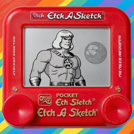 A photo of a red Etch A Sketch toy. The screen of the Etch A Sketch has a drawing of He-Man on the screen. The toy is on a rainbow background.  <lora:Etch_A_Sketch-000009:1>