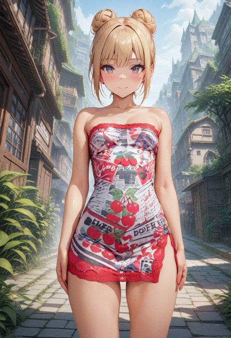 masterpiece, 1girl, age20, cherry minidress, blonde hair bun, outdoor, ideal face, ideal body, extremely detailed, 4k, hdr, <lora:add-detail-xl:1.5>, <lora:BT_Cherry_Minidress_XL:0.7>