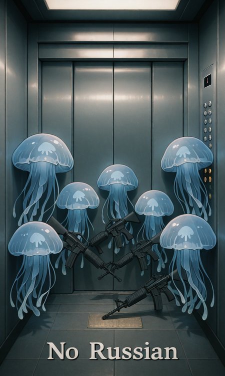 embedding:IllusP0s, (no russian), elevator, holding weapon, assault rifle, jellyfish, no humans,<lora:no russian_illustrious.safetensors:1.0:1.0>
