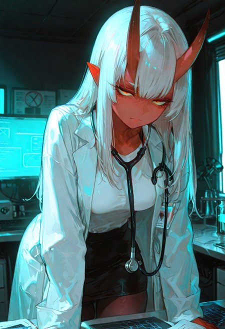 masterpiece, best quality, good quality, newest, highres, absurdres, volumetric lighting,gradient color,
BREAK 
raytracing, volumetric lighting, ambient occlusion, girl, 
BREAK
Aka-Oni, oni, colored skin, (red skin:1.3), straight horns, solo, long hair, model style,
 evil eyes, evil, bullying, sinister, 
BREAK
eyelashes,middle breasts , doctor, lab coat, white shirt, pantyhose, stethoscope, pencil skirt,