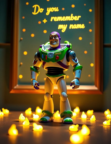 An ultra high resolution professional photo, beautiful cinematic masterpiece, Real life photo, hi resolution, 4k, 8k, man cosplaying Buzz Lightyear stands on of small plastic yellow glittering storm lightnings, writing above in a frame written by hand "Do you remember my name ?"