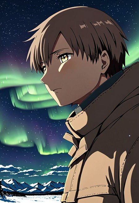 high resolution, solo, best quality, 1Boy, Takaki Toono, Brownish Hair, Brown Eyes, winter, Northern Lights, Stargazing, OverallDetail