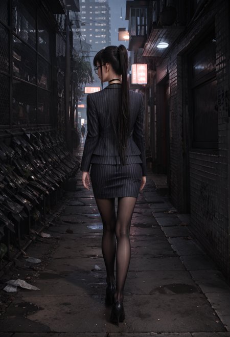 ,ruanyi0860,dark,alley,1girl,solo,
,ruanyi0856,striped jacket,choker,black pantyhose,striped skirt,glasses,black skirt,pinstripe pattern,
from behind,walking,full body,pov,ass focus,<lora:0860 late night alley_v1_pony:0.8>,<lora:0856 OL professional suit skirt 1_v1_pony:0.7>, score_9,score_8_up,score_7_up,,8k,1girl,solo,,