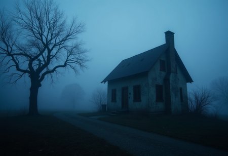 A photograph of a haunting and serene, almost surreal night scene. The focal point is a solitary, weathered, a mud house, The exterior of the house is faded with visible cracks and peeling, suggesting neglect and age. The background is shrouded in a thick, misty fog that obscures the details of the landscape, creating a sense of isolation and eeriness. Bare, leafless trees with twisted branches stretch into the mist, adding to the desolate, almost ghostly mood. Textures are smooth and realistic, capturing the roughness of the house's exterior. <lora:Synesthesia:0.45>