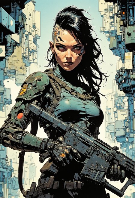 Comic book style of cybernetic female, holding tactical assault rifle, tattoo, full body, porcelain face, intricate details, 2d, detailed action background, an android young woman with black fauxhawk haircut in a mind-reading device creates controversy, science fiction western, a virtual reality game with real-life consequences, a cyberpunk cartoon, The art style is sleek and polished, with clean, precise lines that contrast with the gritty world it portrays, it has a semi-realistic style, Each detail is sharp, from the smooth, reflective surfaces of cybernetic limbs to the crisp outlines. The overall look is refined, capturing a high-tech elegance amidst the dystopian backdrop, where every elementâfrom intricate machinery to flowing organic formsâis meticulously rendered with a sense of precision and understated sophistication. great care is taken to depict the young woman to have anatomically correct arms and hands,