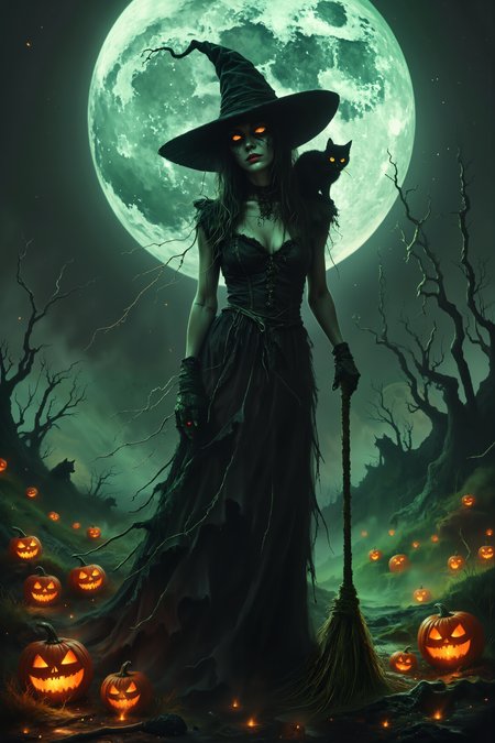 A hyper-realistic portrait, photorealistic photo close-up image of On a windswept hilltop under the light of a full, blood-red moon, a tall, slender witch with emerald green skin stands with her broomstick, her wide-brimmed hat casting a long shadow across the misty ground. She wears a sleek black dress that clings to her form, tattered at the edges, with strands of silver spiderwebs woven into the fabric. Her hair, wild and tangled, flows down her back like dark ivy, and her glowing orange eyes twinkle mischievously. Surrounding her, jack-oâ-lanterns of all sizes flicker with sinister smiles, their carved faces illuminated by eerie green flames. In the distance, twisted, bare trees sway in the wind, their branches stretching like skeletal arms toward the moon. A black cat with glowing yellow eyes perches on her shoulder, its tail curling playfully around her neck. The air smells of damp earth and the faint scent of burning candles, while the distant howl of wolves echoes across the night. The scene captures the perfect balance of spooky and enchanting, a witch at ease in her eerie domain.(photography, high-resolution, dynamic, energetic,hyper-realistic, dramatic lighting, shallow depth of field.), <lora:Dever_Flux_Enhancer:0.5><lora:Witchcore>