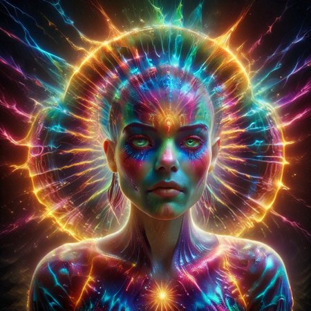 a full body fire entity girl with multicolored flames, purple and blue lights, green and blue flames, pink energy electric eyes, professional photography of an fantastical creature, young woman, shaved head Finely detailed, in a solarpunk environment, looking at viewer, solo, headwear removed, realistic, night blue sky, own hands, spooky makeup, entirely made of stars and galaxies, cyber light trails with whimsical elements, swirling magic, eerie fairytale landscape, elaborate fantasy style art, very colorful, intricate details, ultra sharp, exquisite detail, flawless composition, vivid colors, masterpiece, exciting background, psychedelicai, made out of,colorful,liquid,Murano Art Glass, GlowingInk, mad-glowtiedye, glowneon, glowing, sparks, lightning