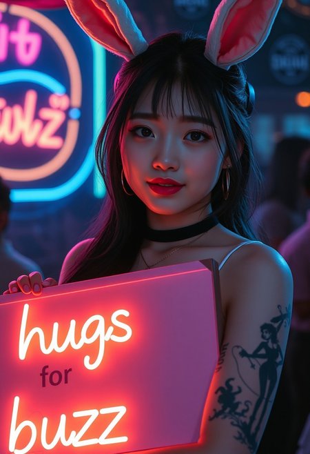 digital art, young korean woman with a neon board with text "hugs for buzz", cute, night club, neon, darkness, beautiful, tattoos, kawaii, perfect face, shy smile, bunny ears