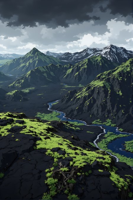 A breathtaking aerial view of a rugged, mountainous landscape. The terrain is dominated by dark, volcanic rock formations that create a stark contrast with the vibrant green patches of vegetation scattered across the scene. A winding river cuts through the landscape, its blue waters reflecting the overcast sky above. The mountains in the background are partially covered with snow, adding to the dramatic and otherworldly atmosphere. The overall composition is both dynamic and serene, showcasing the raw beauty and power of nature.
j_art, anime, anime art, <lora:FLUX\jul\J_Anime:0.6>, <lora:FLUX\RealAnime:0.6>