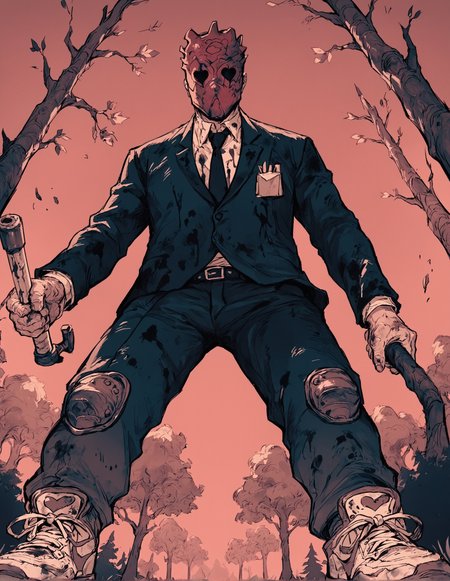 score_9, score_8_up, score_7_up,score_6_up,high resolution,qhayastyle,monochrome,greyscale,red background,shin,heart mask,1boy,suit,pants,shoes,holding hammer,forest,rim lighting,dof,solo,pov,dirty,blood,from below