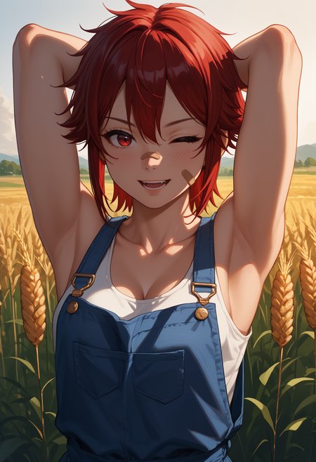 score_9, score_8_up,score_7_up, source_anime, 1girl, solo, <lora:aizwtm_pdxl_EliPot:1>, aizawatomo, red hair, short hair, red eyes, tomboy, toned, muscular female, 
one eye closed, armpits, blue overalls, bandaid on face, cleavage, looking at viewer, shadow, smile, ;d, collarbone, upper body, v, open mouth, arms behind head, arms up, blush, tank top, 
outdoors, wheat field, sunset, (zix)