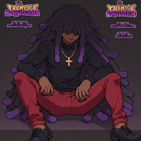 (solo,alone,one character) score_9 score_8_up score_7_up high_resolution 1,solo, single character, (dark skin male,male)(very long hair,dreadlocks,black hair, purple highlights,) (tall:1)(hair over eyes) (cross necklace,black shirt,long sleeves,red pants, black shoes), black nails Purple halos, Front view,