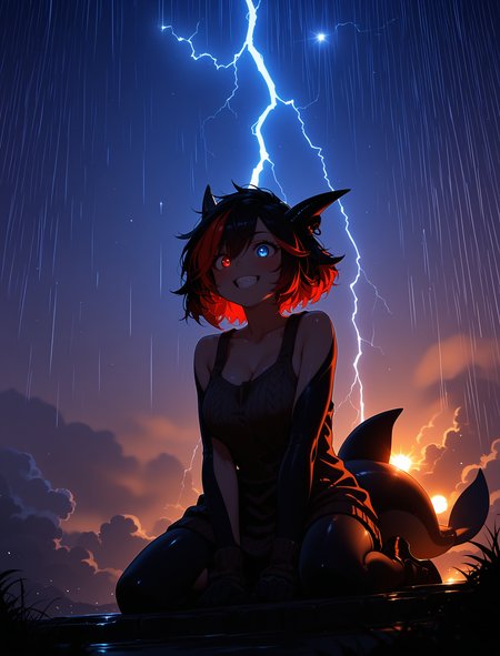 masterpiece,best quality,amazing quality,1girl,red hair,black hair,two tone hair,,blue eye,red eye,heterochromia,hair between eyes ,horns,orca girl,furry female,freckles,ral-hlgrphic,( fine texture,masterpiece,ultra-detailed,best quality,very aesthetic,absurdres,newest,cinematic composition),,<lora:NOOB_vp1_detailer_by_volnovik_v1:0.5> <lora:ponyv6_noobV1_2_adamW:0.3>,slightly muscular,thick forearms,short hair,fangs,claws,,<lora:Detailer_NoobAI_Incrs_v1:0.4> <lora:noobai_ep11_stabilizer_v0.138_fp16:1> ,blush, cetacean tail,  <lora:xmc_v0.3_noobai_cwhj:0.5>  <lora:LDSCH_v2:0.8>, LDSCH, aesthetic,  <lora:darkness_xl_v20:1>,cardigan sweater, sleeveless dress with gloves ,front view Low angle, sky pink and orange,Heavy rain clouds with lightning,Indirect light