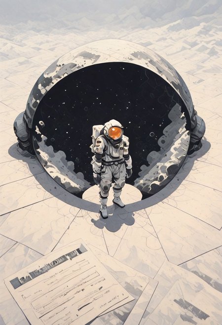 The astronaut stands holding his helmet in his armpit. He's facing away from the viewer. The surface of the Earth curls around him, forming a perfect circle. Bird's-eye view.
white theme, watercolor painting, edges of the picture are fading into old paper
deep of fields sinozick style, flat color, idark theme, n the style of cksc, illustration, masterpiece, (extremely detailed CG 8k), (very fine 8K CG), (ultra detailed perfect piece:1.2), lat color, no lineart,,(no lineart, flat art style:1.0), NO_LINE_ART, comical, simple,