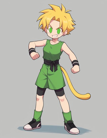 zPDXL, score_9, score_8_up, score_7_up, source_anime, 4k, absurdres, 1girl, solo,
<lora:CWew:1> cwew, green dougi, black sash, bike shorts, green socks, black sneakers, black wristbands, black cuffs, martial artist, looking at viewer, grin, flex, yellow aura,, <lora:Parsleah_v1:0.6> parsleahssj, blonde hair, spiked hair, super saiyan, green eyes, no pupils, (monkey tail, yellow tail), small breasts