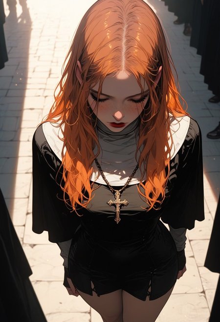 masterpiece,best quality, highly detailed, score_9, score_8_up, score_7_up, score_6_up, source_cartoon,
 BREAK
 BREAK
1girl, solo, gray medieval square, medieval setting, daytime, natural lighting, girl standing, facing camera, (orange hair), dark green eyes, (long hair), dark red lipstick, cute girl, perfect round face, decorations on body, freckles, touching hair, (shy), (looking down), (intricate nun outfit), athletic, (wide hips, thick thighs:1.6), (big half-closed eyes), crowd in background, detailed textures, raw emotion, explicit focus, danger tension.
 BREAK
dynamic light, warm_light, vibrant colors warm_colors, soft focus, high contrast, textured surfaces, depth of field, golden hour lighting, dramatic shadows, rich details, nature-inspired color palette, playful composition.
,dynamic angle,dynamic light,background,