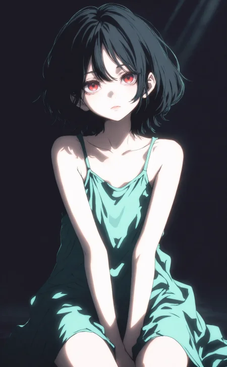 masterpiece, best quality, amazing quality, very aesthetic, high resolution, ultra-detailed, absurdres, newest, 1girl, solo, black hair, red eyes, short hair, looking at viewer, sitting,expressionless,between legs, hand between legs,
sleeveless dress, aqua dress, black background, straight on, backlighting, LDSCH Style, <lora:noobai_ep11_stabilizer_v0.138_fp16:0.3> <lora:NOOB_vp1_detailer_by_volnovik_v1:0.3> <lora:ma1ma1helmes_b-000014:0.4> <lora:LDSCH-IL:0.8> <lora:CrypticHue:0.7>