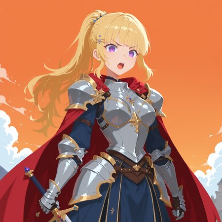 (masterpiece),(best quality),(ultra-detailed), very aesthetic, artist:, {prompt}, masterpiece, best quality, good quality, newest, very awa, absurdres, highres, 1girl, solo, long hair, breasts, open mouth, blonde hair, hair ornament, holding, purple eyes, ponytail, weapon, sword, blunt bangs, holding weapon, cape, armor, v-shaped eyebrows, holding sword, shoulder armor, gauntlets, pauldrons, breastplate, red cape, armored dress, knight, orange sky, plate armor, boobplate,