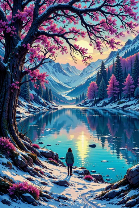 frozen lakeside beautiful  landscape, morning, woman, very intricate, very detailed, sharp, bright, colorful, <lora:Hand v2:0.5> <lora:Anti-Blur:1><lora:Insane Detail Slider:0.25>  <lora:flux.1_lora_flyway_Epic-detail_v2:0.3> <lora:fluxenhancer:0.25> <lora:ck-Neon-Retrowave:0.4> ck-rw, in the style of ck-rw,  <lora:Neurocore Anime Cyberpunk:0.8> A digital artwork in the style of cknc