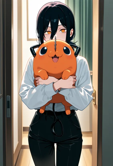masterpiece, nayuta \ chainsaw man \ 1girl, masterpiece, best quality, absurdres, cute, holding pochita