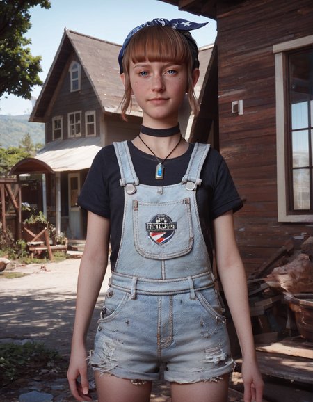 CyberRealisticPony_POSV1, <lora:kat_v2.0-000014:0.8>, k4tgirl, 1girl, pale skin, petite, young teen, dark blue eyes, brown hair, short ponytail, sidelocks, blunt bangs, freckles, blue bandana on head, black choker, pendant, t-shirt, blue overall shorts, cutoffs, thighs, looking at viewer, outdoors, house, natural light, depth of field, <lora:StS_PonyXL_Detail_Slider_v1.4_iteration_3:3>