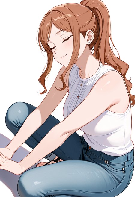 masterpiece,high quality details, absurdres,
 <lora:Aona:0.8> aona_cnr, 1girl, brown hair, long hair, ponytail, brown eyes,, simple background, white background, sideways,solo,, closed eyes,seductive smile,, hands touching toes,squatting position,one knee on ground,, sleeveless shirt,borrowed garments,jeans, ,o-ring legwear,