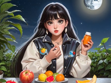 little thunder style, little thunder, style,1girl,solo,long hair,looking at viewer,bangs,black hair,long sleeves,jewelry,jacket,upper body,earrings,outdoors,parted lips,food,mole,black eyes,cup,lips,mole under eye,fruit,moon,bottle,plant
<lora:merged model:1>