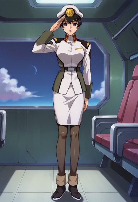 score_9,score_8_up,score_7_up,anime coloring BREAK source_anime,anime,<lora:Natarle_Badgiruel_Gundam_SEED_Pony:0.7>,natarle,1girl,solo,purple eyes,black hair,short hair,purple lips,peaked cap,military uniform,skirt,pantyhose,boots,standing,salute,indoors,spacecraft,