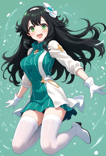 score_9, score_8_up, score_7_up, source_anime, philia_wf, long black hair, green eyes, hair ornament,  sweater dress, white gloves, white thighhighs,jumping, ecstatic , dynamic shot, high quality, cowboy shot,