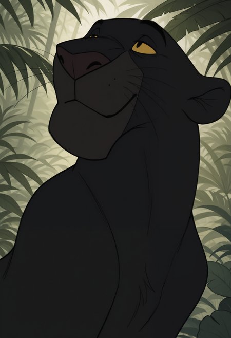 masterpiece,best quality,amazing quality, 1boy, solo, b4gh33r4, panther, colored sclera, black fur, close up, side angle, jungle, smile, 