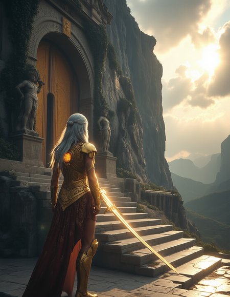 Imagine an image of an immortal guardian, clad in ancient golden armor, etched with swirling celestial patterns, standing at the entrance of an enormous temple built into the side of a colossal mountain. The temple’s gates are covered in thick ivy and overgrown moss, its once-glorious statues now partially crumbled and weathered by centuries of wind and rain. The guardian’s eyes glow with an ethereal white light, contrasting against his deeply tanned, time-worn skin, his long, silvered hair flowing in the wind like liquid metal. His massive two-handed sword, its blade shimmering with divine radiance, rests tip-down against the cracked marble beneath his feet. Beyond the temple entrance, an endless horizon of rolling green hills is partially obscured by low-hanging clouds, while rays of golden light break through the stormy sky, casting long shadows along the temple's grand staircase. The atmosphere is epic fantasy realism, with heavily textured stone surfaces and meticulously detailed reflections in the guardian’s armor.