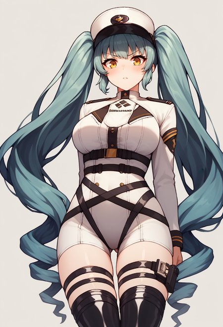 score_9, score_8_up, score_7_up, source_anime BREAK 1girl, <lora:privaty-nikke-richy-v1_pdxl:1> privatydef, yellow eyes, aqua hair, twintails, very long hair, peaked cap, military uniform, harness, thigh strap, black thigh boots