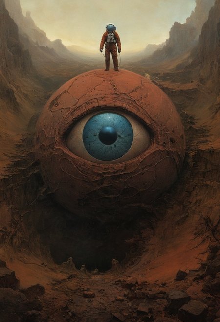 astronaut,  landscape, giant floating eyeball,   digital artwork by Beksinski,