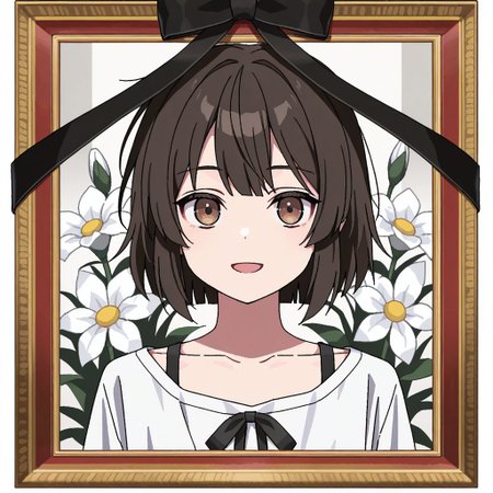 masterpiece, best quality, 32k, high resolution, absurdres, iei, black ribbon, portrait (object), :d, white shirt, oekaki, white flower, collarbone, expressionless, 1boy, male focus, brown eyes, jaggy lines
