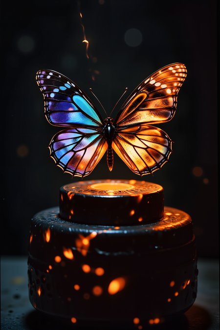 Resting atop a polished obsidian pedestal, a butterfly with shimmering, stained-glass wings flutters gently, its translucent panes glowing from within. The delicate wings are an intricate mosaic of blues, purples, and oranges, their edges lined with a thread of molten gold that flickers like candlelight. Every movement sends ripples of color through the air, casting reflections like liquid fire onto the surrounding surfaces. Its body, a slender, silver filament, pulses faintly with a soft, inner warmth, as though carrying the last embers of a dying star. Tiny motes of light drift from its wings, dissolving into nothingness like forgotten dreams. The air around it is warm, carrying the faint scent of burning incense and something indescribably ancient. The pedestal beneath is etched with swirling runes, their edges worn with time, suggesting this creature has rested here for countless ages. In the distance, faint echoes of wind chimes ring, though no breeze stirs the still air. It is a being of ephemeral beauty, a fusion of fragile glass and eternal fire. , detailed background  Fantastic lighting. Detailed shadows.intricate details, vivid colors, hyper-detailed, ultra-sharp, , <lora:sxz-Vintage-Fantasy-Flux:0.45><lora:n30nfilm:0.8><lora:lith_mimosa_kiel_grw134_FLUX:0.45><lora:DreamArtFluxV1.0:0.55><lora:shrooms-house-000012:0.3>