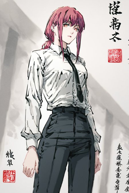 score_9, score_8_up, score_7_up, score_6_up, score_5_up, score_4_up, <lora:mak1ma0XL_Pony_v1:1> , mak1ma0, red hair, long hair, ringed eyes,  white collared shirt, black necktie,  black pants, <lora:traditional_japanese_calligraphy:1>, 1girl, solo, alone, standing, traditional japanese calligraphy, masterpiece, highres, white background