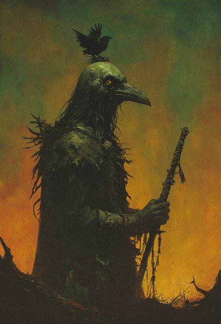 In a clearing illuminated by the moon's eerie light, the Bog Conjurer practices his craft. The glow from his eyes casts a sinister light on his face, highlighting the stark contrast between his punk attire and the natural setting. His crow companion caws, a foreboding sound that echoes through the night., 
in the style of the decaying empire of Wurstreich, dark magic and grotesque creatures abound, inspired by Sean Aaberg's punk aesthetic, dark fantasy world combines grim landscapes with vibrant, exaggerated colorful art, heroes skirmish monstrous foes in a setting where rebellion, decay, and mysticism intertwine, crafting a unique, immersive vibe
, the scene is captured in dimly lit dark fantasy but vibrant colors, with bold ink lines defining form against the watercolor wash of the aged paper