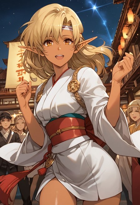 score_9, score_8_up, score_7_up, score_6_up, score_5_up, score_4_up, detailed, intricate details, source_anime, , (best quality) , (highly detailed) ,((masterpiece)), ((best quality)), (ultra-detailed), ((extremely detailed)), (high resolution), 4K, (8K), best quality, (beautiful), (dynamic lighting), (super detailed skin), sharp focus, (1_girl, solo focus), score_9,score_8_up,score_7_up,anime coloring, 1girl,solo, <lora:sonia_p_v1.5>,pointy ears,dark-skinned female, Dark skin, Dark elf,long hair,blonde hair, medium breasts,  medium hair, headband, shiny skin, dkimono, obi, looking at viewer, standing, cowboy shot, smile, open mouth, hands up, lamppost, clenched hands, BREAK night sky, summer festival, night,  , detailed face and detailed skin <lora:add-detail-xl:1.0> ,(((feminine bodies))),(((perfect anatomy))),