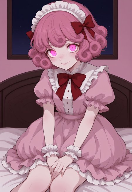 solo, ethereal, detailed, contemplative, 

bedroom, pink walls, wooden furniture,

smile, glowing eyes, sitting on bed, 

1girl, freckles, pink dress, pink_hair, bow, short_sleeves, strawberry humanization, night, glowing_eyes, headdress, short_hair, curly_hair, puffy_short_sleeves, pink_eyes, headdress_bows, red_bow, frills, frilled_cuffs, 

(748cmstyle:1.3), 

masterpiece,best quality,amazing quality, detailed, 
