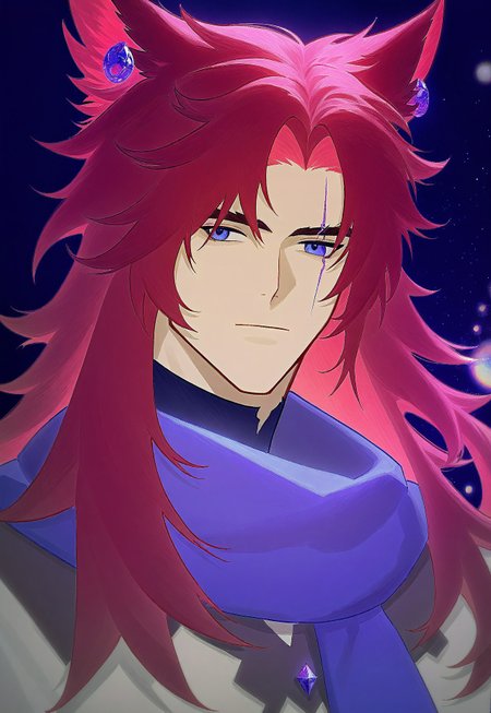 masterpiece, very aesthetic, absurdres, Chr0m1um Style, jewelry, earrings, upper body, red hair, long hair, facial hair, blue eyes, male focus, mustache, brown hair, looking at viewer, beard, 1boy, solo, animal ears, miqo'te, scarf, scar across eye, cat ears, light particles, holographic, embossed, chromium, glitter