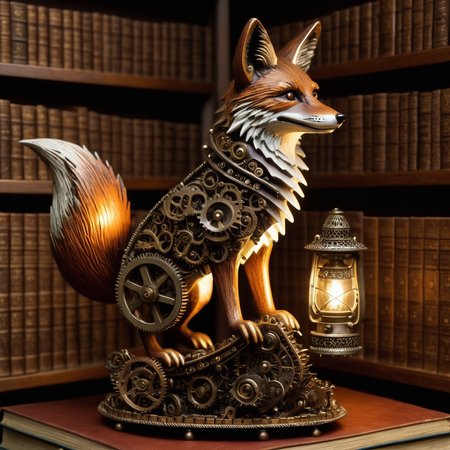 embedding:lazypos, A librarian fox made of roast gears shelving gear-spined books, Victorian study with rotating cog ladders, hyperdetailed wood-metal textures, warm lantern light. <lora:gearstyle-000001:1.0000000000000002> <lora:TrendCraft_The_Peoples_Style_Detailer-v1.0A-3_13_2025-illustrious:0.0>